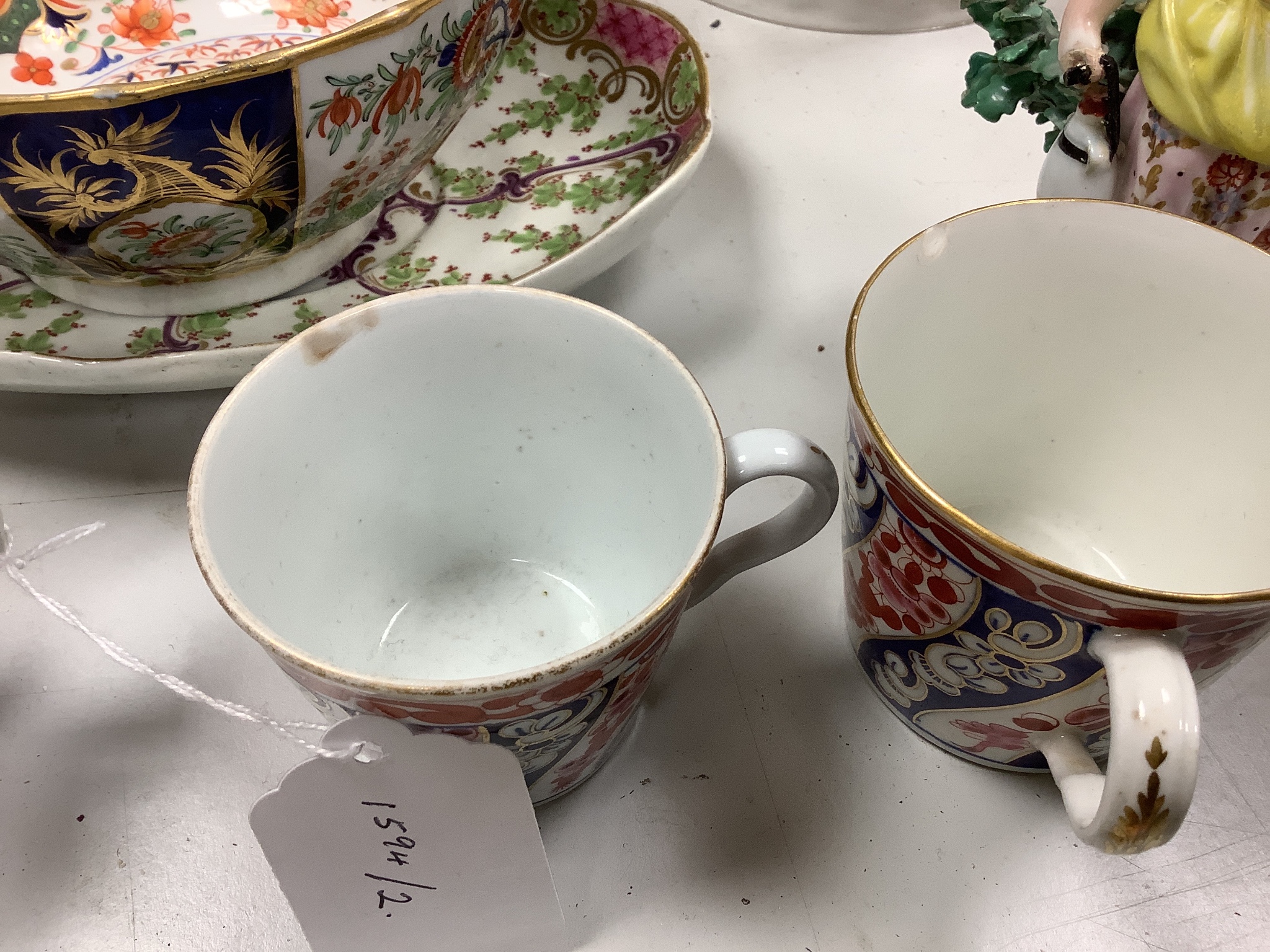 An Assortment of 18th century Worcester and Chelsea porcelain tableware and a Derby figure, damaged